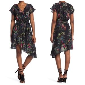 NWT ✨PARKER ✨ Asymmetrical Hem Ruffle Detail Floral Print Dress in Black Alexia